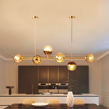 Lustra LED cu 6 globuri din sticla chihlimbar