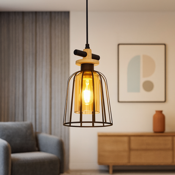 Chandelier on cable with wood
