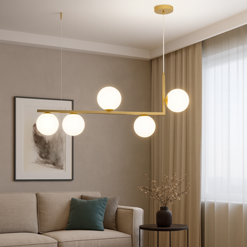 Chandelier with 5 white globes and metal body
