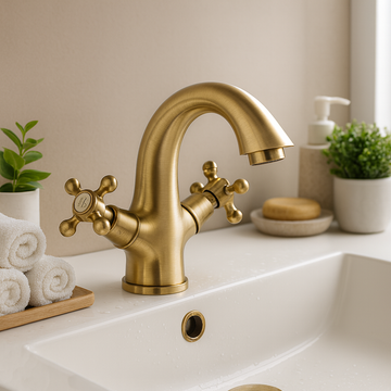 Baterie lavoar cu dubla comanda FDesign Lacrima, ventil click-clack, bronz