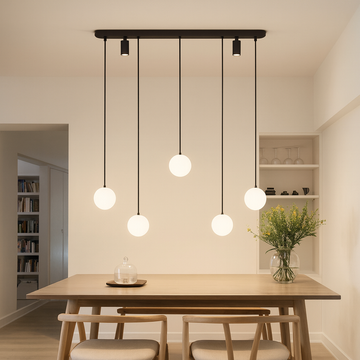Black LED Pendant Lamp With 5 Matte White Globes 56w With Remote Control