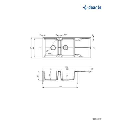 Granite sink, 2-bowl with drainer, Deante