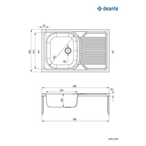 Chiuvetă din inox, 1-cuvă cu picurător - pe mască, Deante