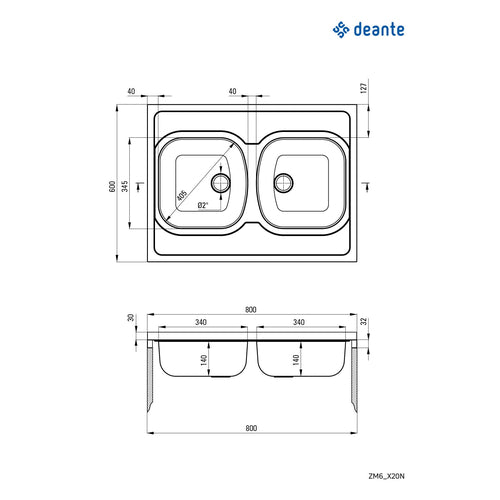 Chiuvetă din inox, 2-cuve - pe mască, Deante