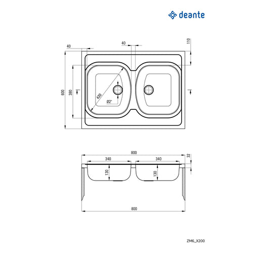 Chiuvetă din inox, 2-cuve - pe mască, Deante