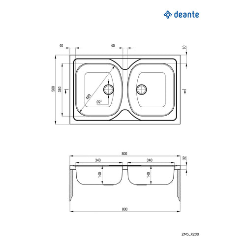 Chiuvetă din inox, 2-cuve - pe mască, Deante
