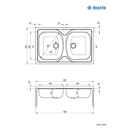 Chiuvetă din inox, 2-cuve - pe mască, Deante