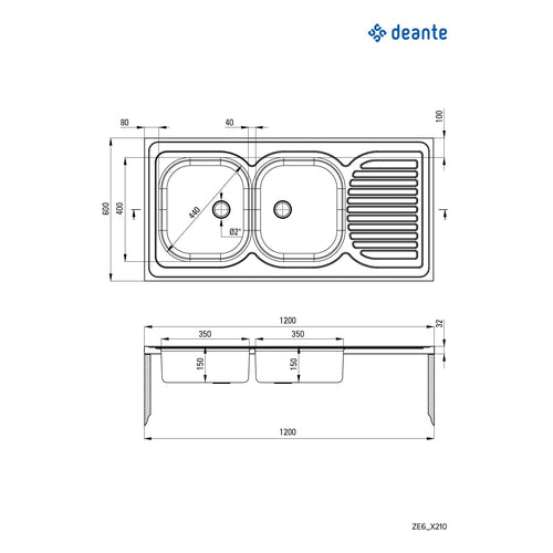 Chiuvetă din inox, 2-cuve cu picurător - pe mască, Deante