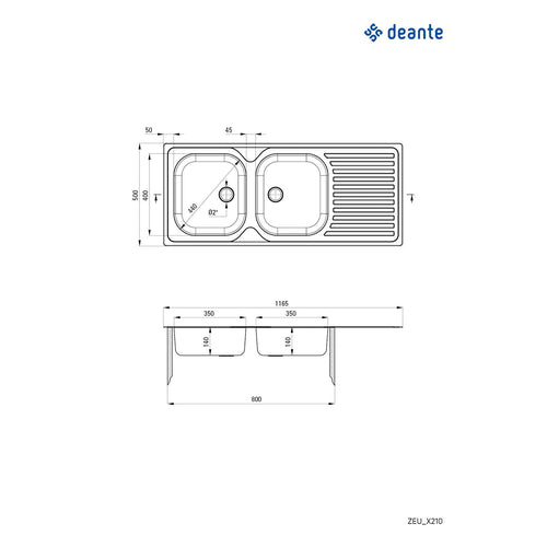 Chiuvetă din inox, 2-cuve cu picurător, Deante