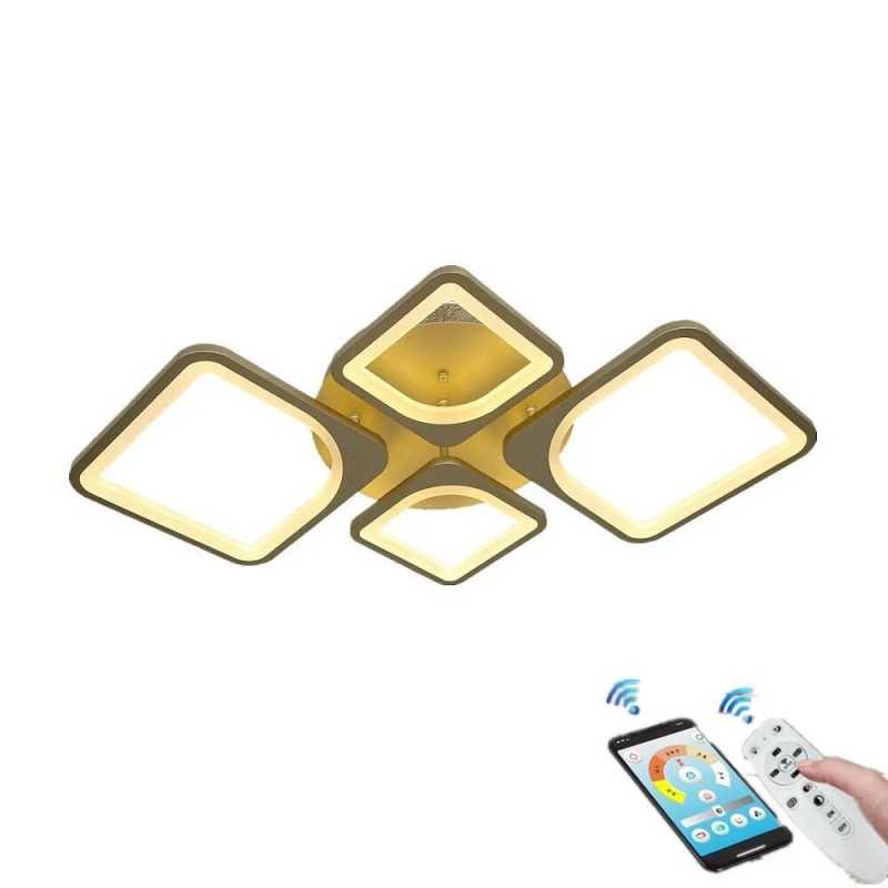Lustra LED 4 Patrate Auriu cu Telecomanda wifi 2.4G cu lumina/rece/calda/neutra intensitate reglabila