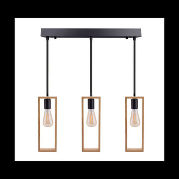 Lustra suspendata moderna din lemn natural, structura metalica, negru mat, 3 x E27