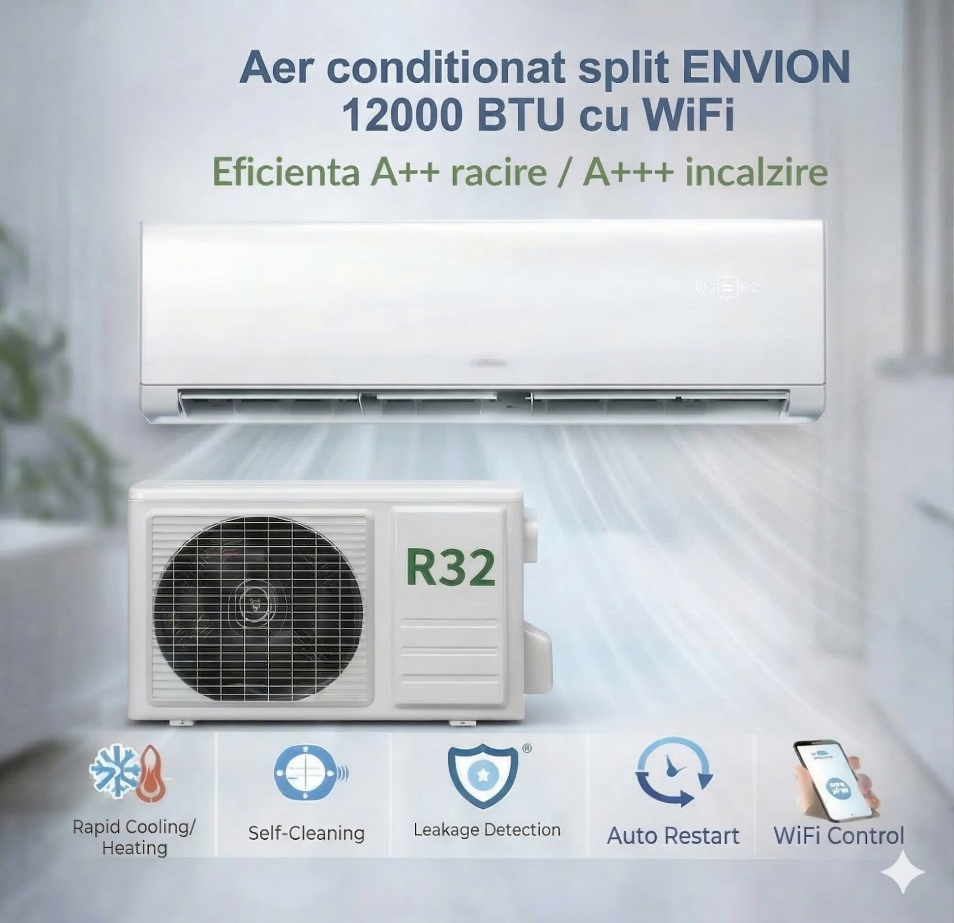 Aer conditionat split ENVION Envi-group 12000 BTU cu WiFi, R32, eficienta A++