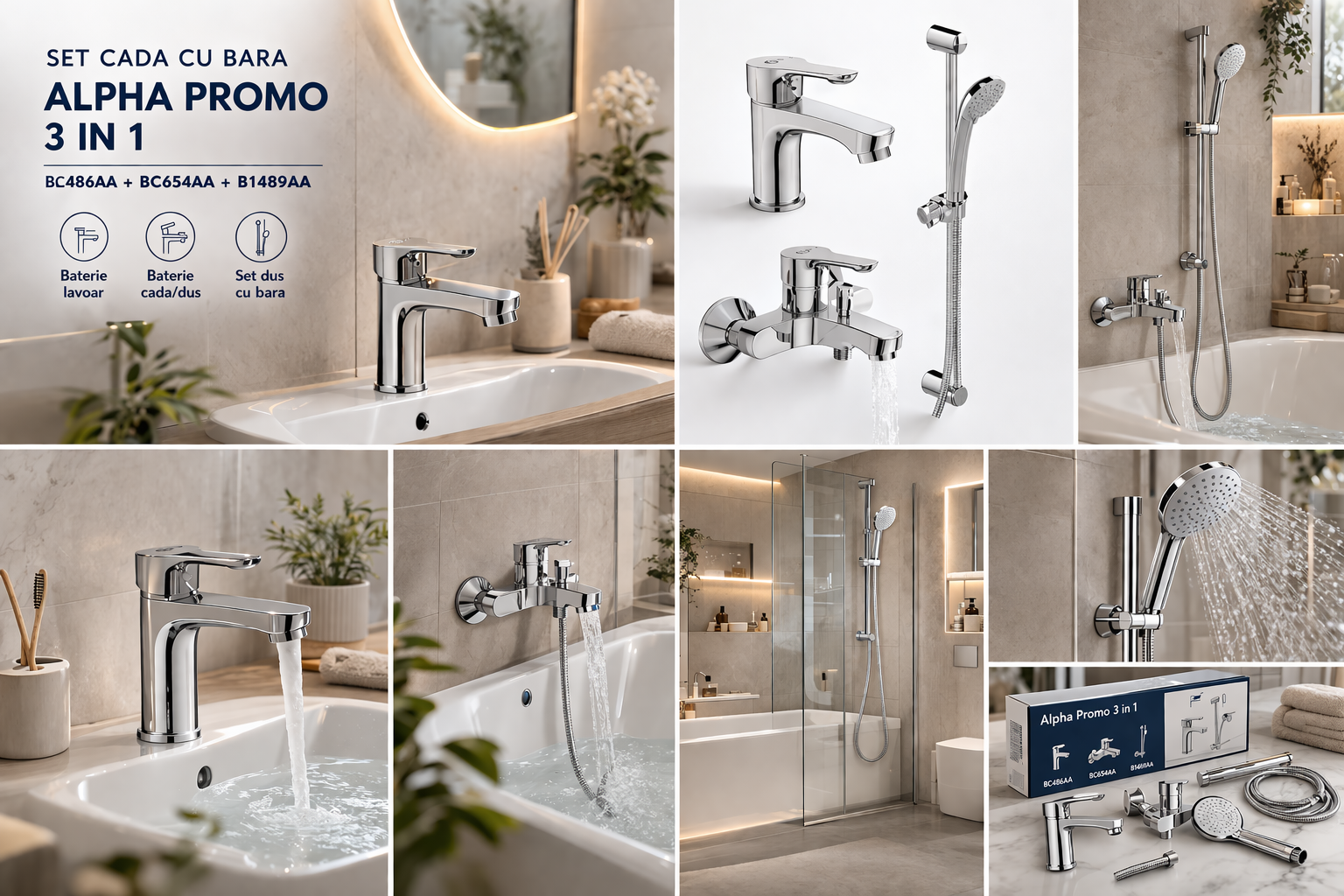 Set cada cu bara Alpha Promo 3 in 1 pentru baie moderna, practica si bine echipata Ideal standard