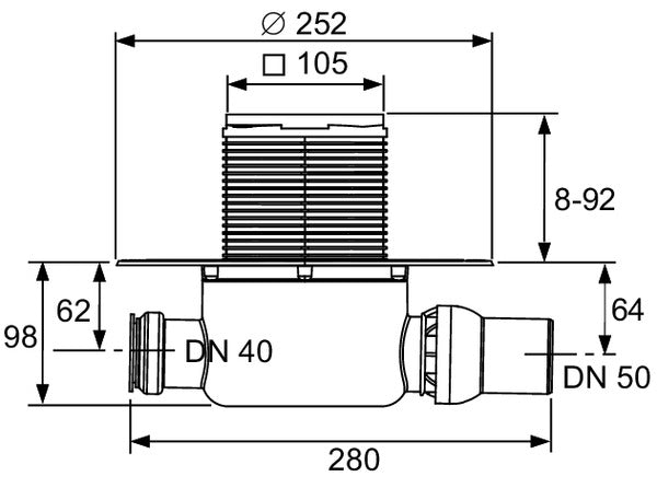Sifon de pardoseala Tece drainpoint, 105 x 105 mm, iesire laterala Dn 40, cu flansa universala Seal System, 3601200 grossmann