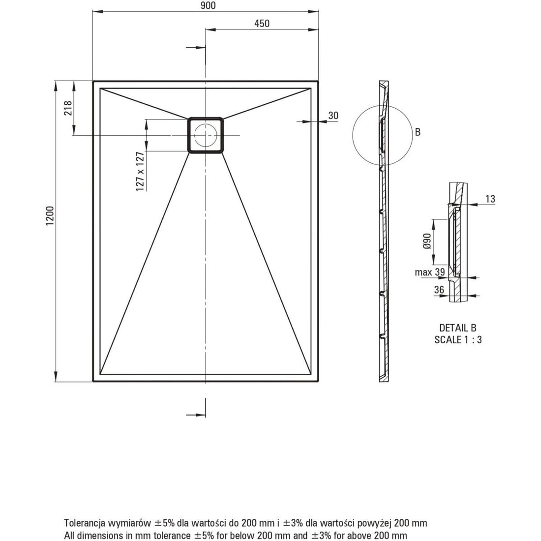 Granite shower tray, rectangular, 120x90 cm, Deante