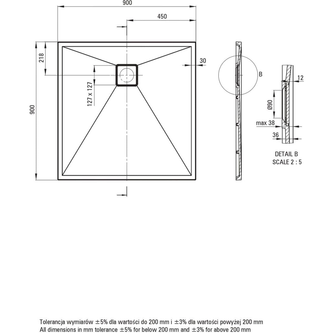 Granite shower tray, square, 90x90 cm, Deante
