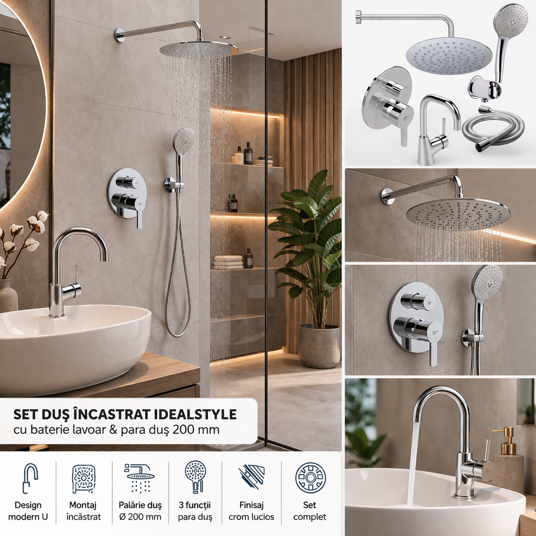 Set dus incastrat Ideal Standard cu baterie lavoar si palarie dus 200 mm pentru o baie moderna si bine organizata
