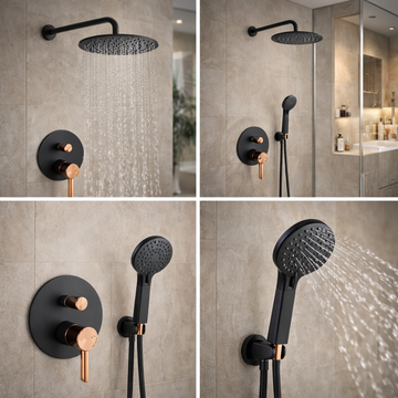 Sistem dus 6 in 1 Zaffiro cu baterie incastrata, finisaj negru roz auriu si design modern pentru bai elegante Fdesign