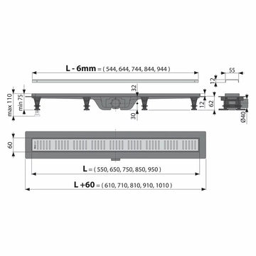 Canal de scurgere APZ10 simple Alcadrain cu gratar perforat, 550MM, otel inoxidabil mat
