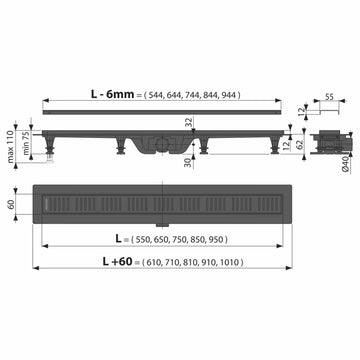 Canal de scurgere APZ10 black simple Alcadrain cu gratar perforat, 650MM, otel inoxidabil negru mat