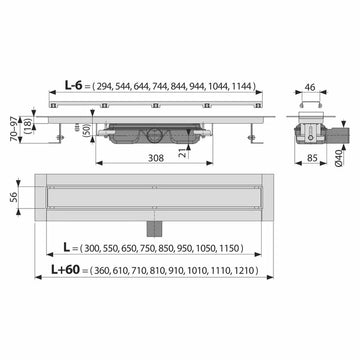 Canal Alcadrain de scurgere APZ115 marble low, fara margine, cu suport pentru incastrarea placilor , 5750MM, otel inoxidabil mat