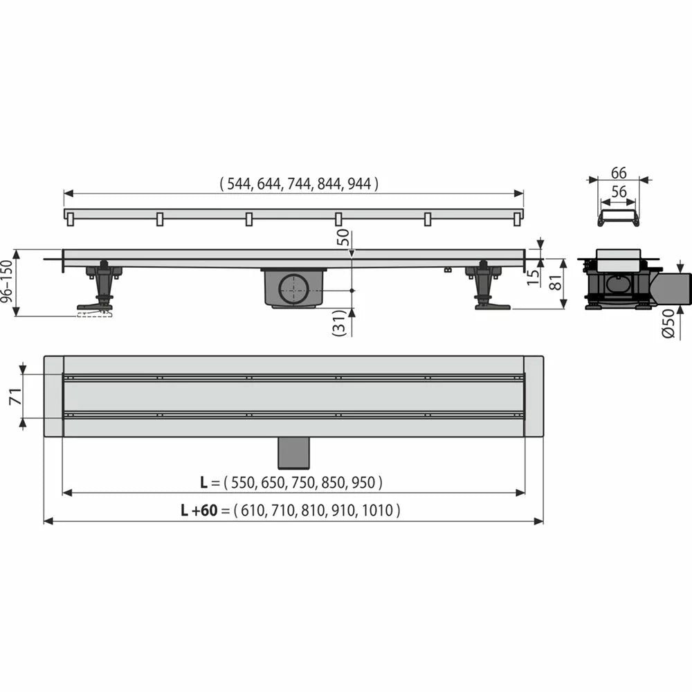 Canal Alcadrain de scurgere APZ13 double, fit and go,  cu gratar simplu/placi ceramice, 550MM, otel inoxidabil mat