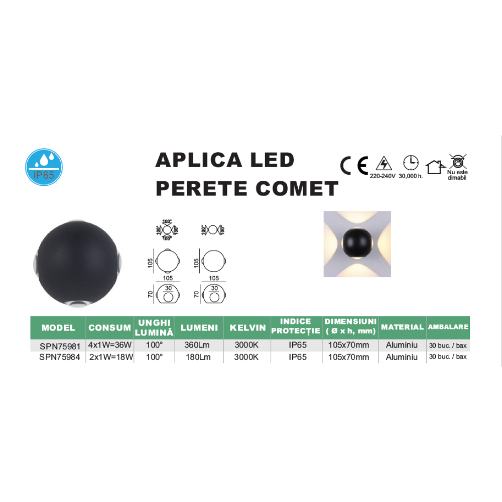 Aplica De Perete Comet 4x1w, 3000k, Lumina Calda