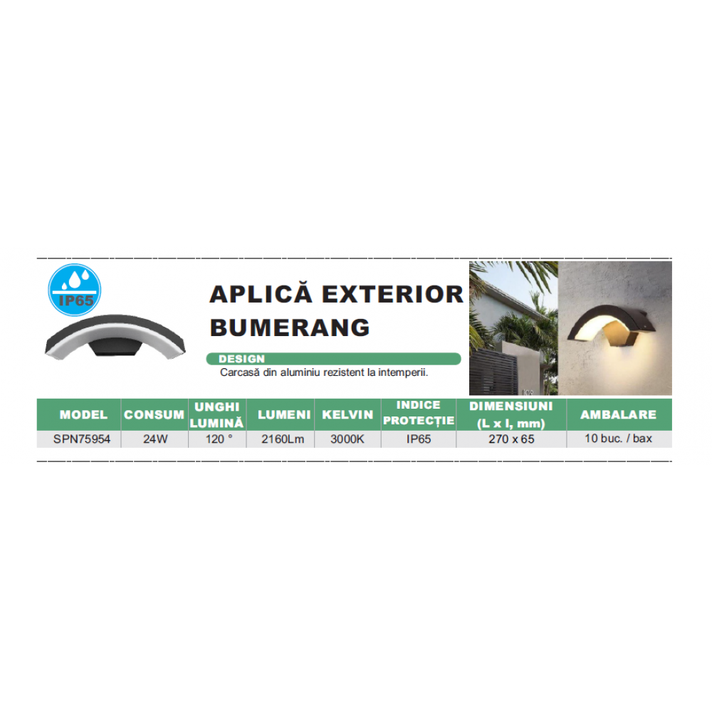 Aplica LED de exterior concava Neagra, 24W=160W, 3000K, lumina calda, 2160Lm, IP65