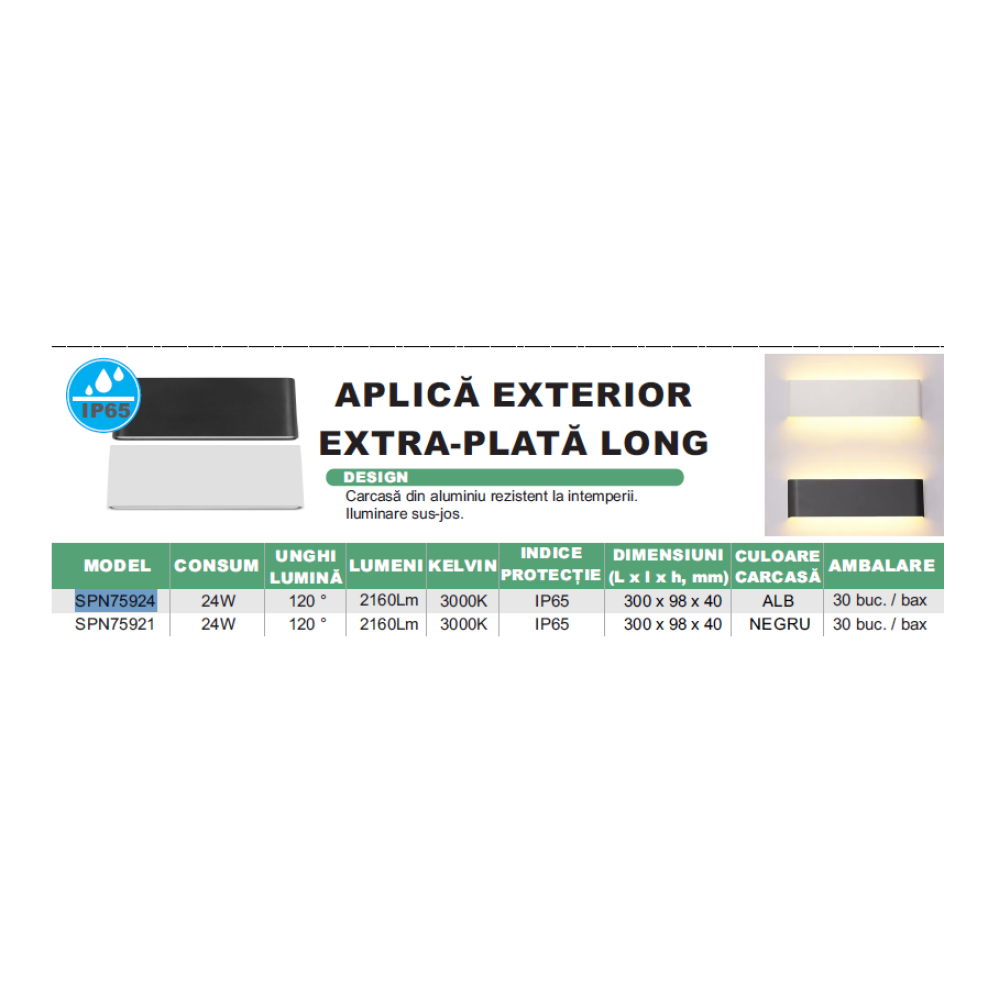 Aplica LED de exterior extra-plata Long, 24W=160W, 3000K, lumina calda, 2160Lm, IP65