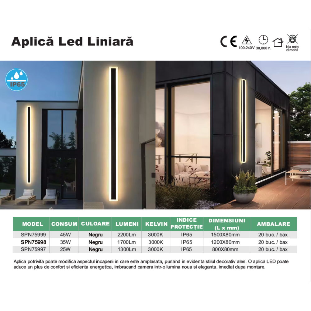Aplica led liniara de perete neagra 25W/1300LM/3000K - 800mm