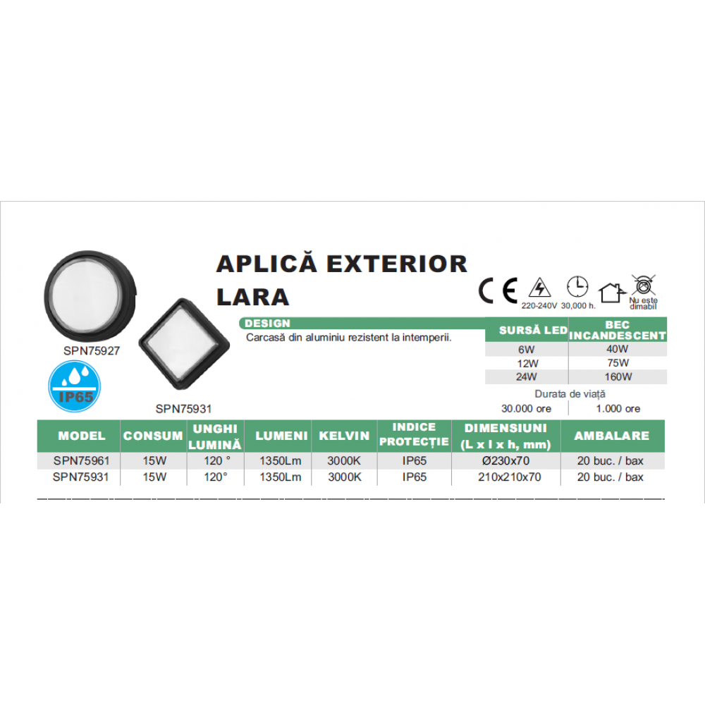 Aplica rotunda Lara IP65 15W 3000K 1350LM