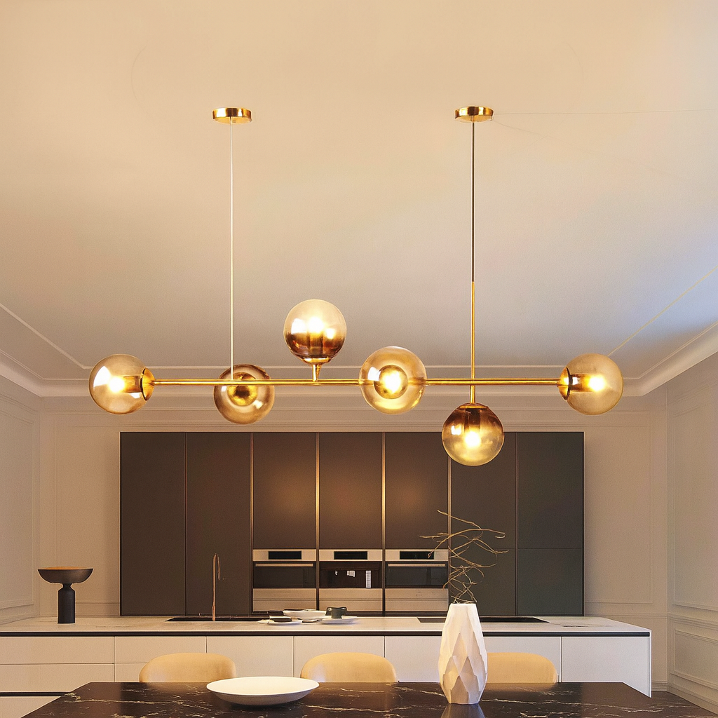 Lustra LED cu 6 globuri din sticla chihlimbar