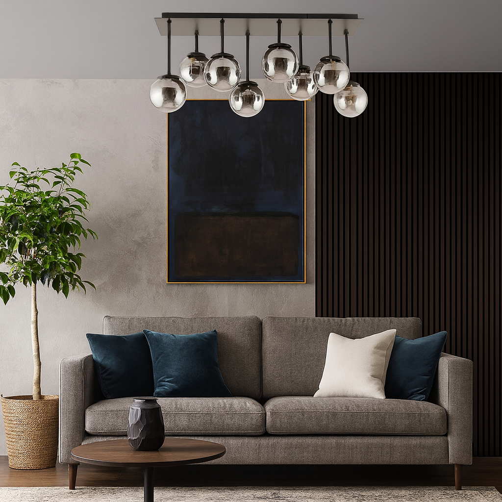 Lustra moderna neagra cu 8 lumini cu sticla fumurie