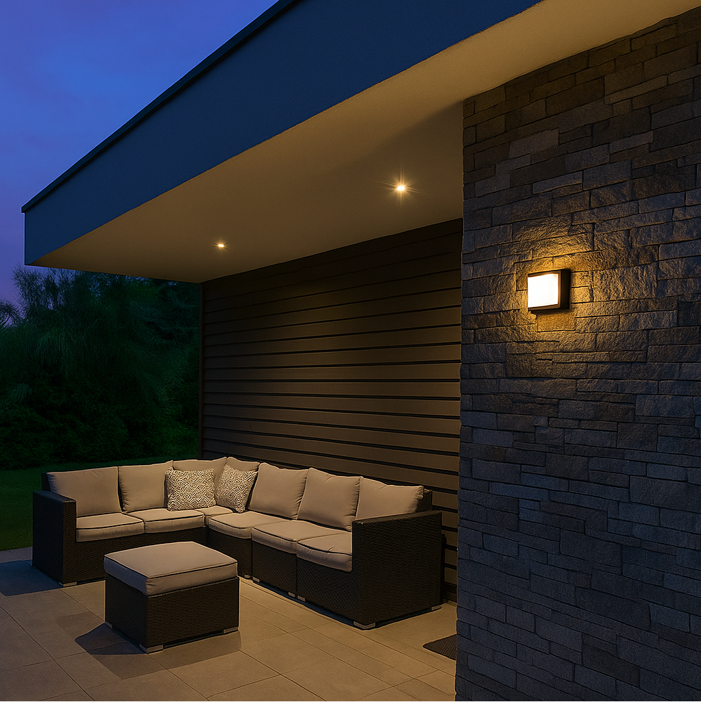 Outdoor LED wall light, 160x160mm, 12W=75W, 3000K, warm light, 1080Lm, IP65