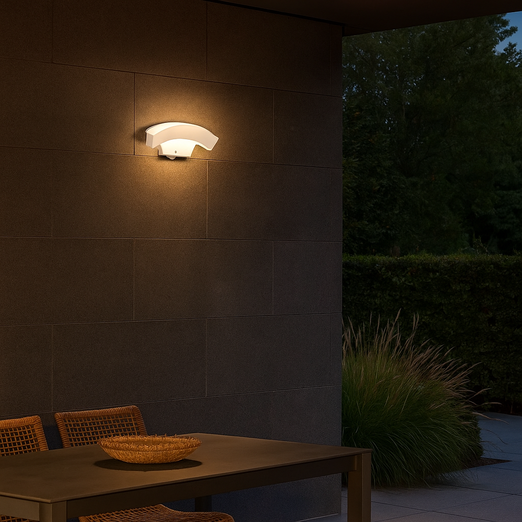 Concave outdoor LED wall light with sensor White, 24W=160W, 3000K, warm light, 2160Lm, IP65