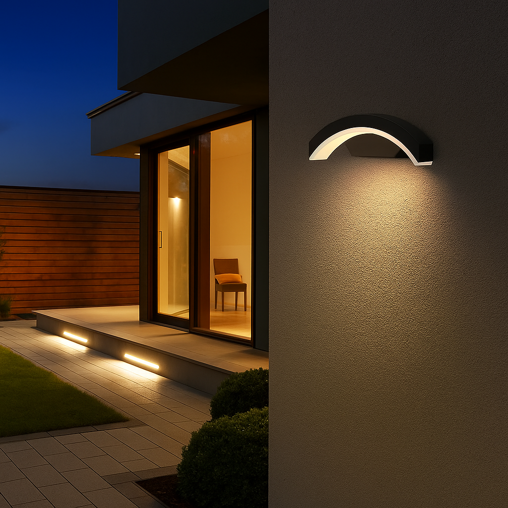Concave outdoor LED wall light with sensor Black, 24W=160W, 3000K, warm light, 2160Lm, IP65