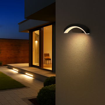 Concave outdoor LED wall light with sensor Black, 24W=160W, 3000K, warm light, 2160Lm, IP65