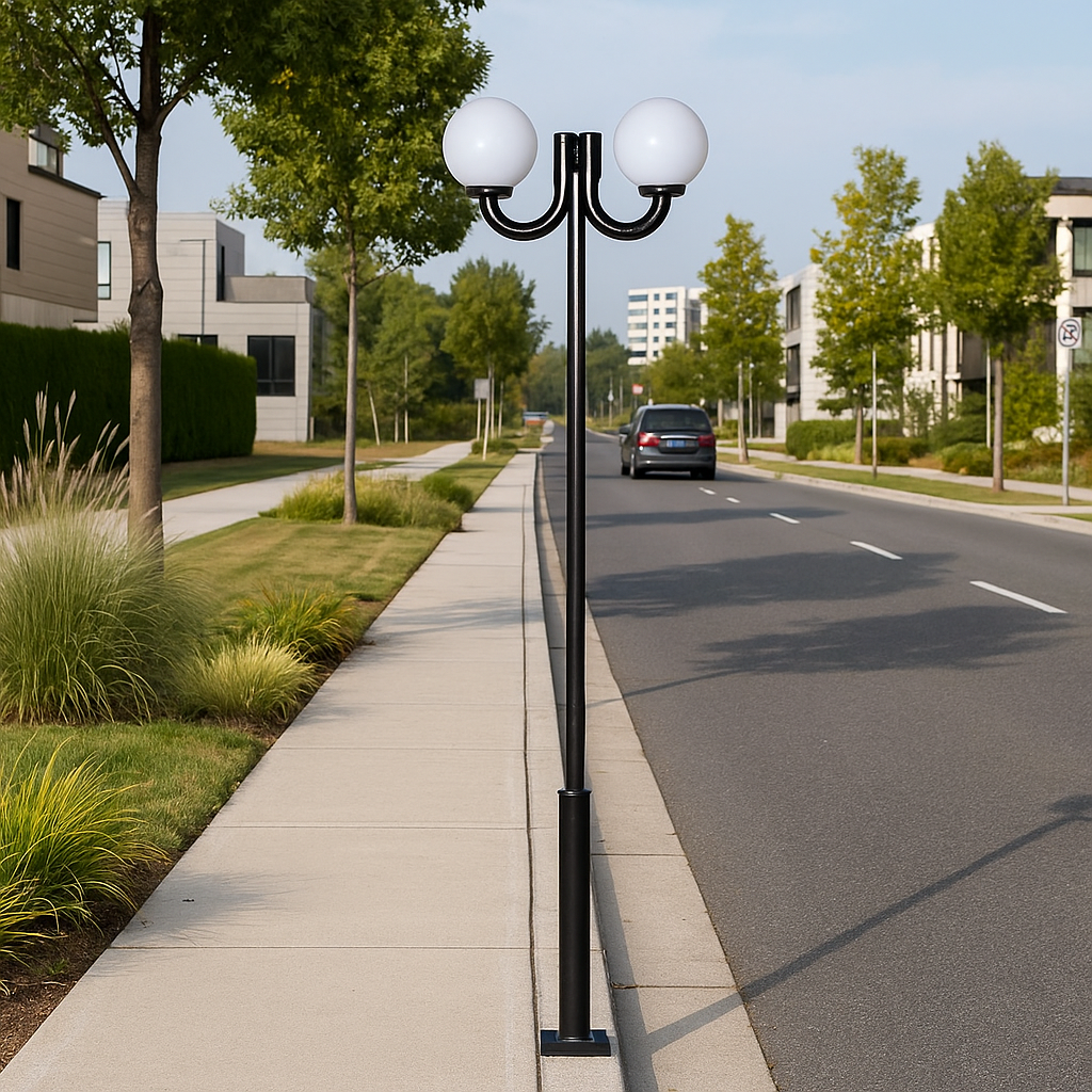 Street lighting pole 3m, with double J arm and Fumagalli globes 30cm