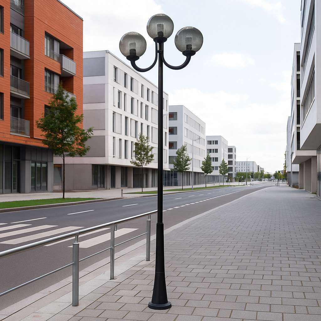 Street lighting pole 3m, galvanized steel, with double J arm and 30cm Fumagalli globes