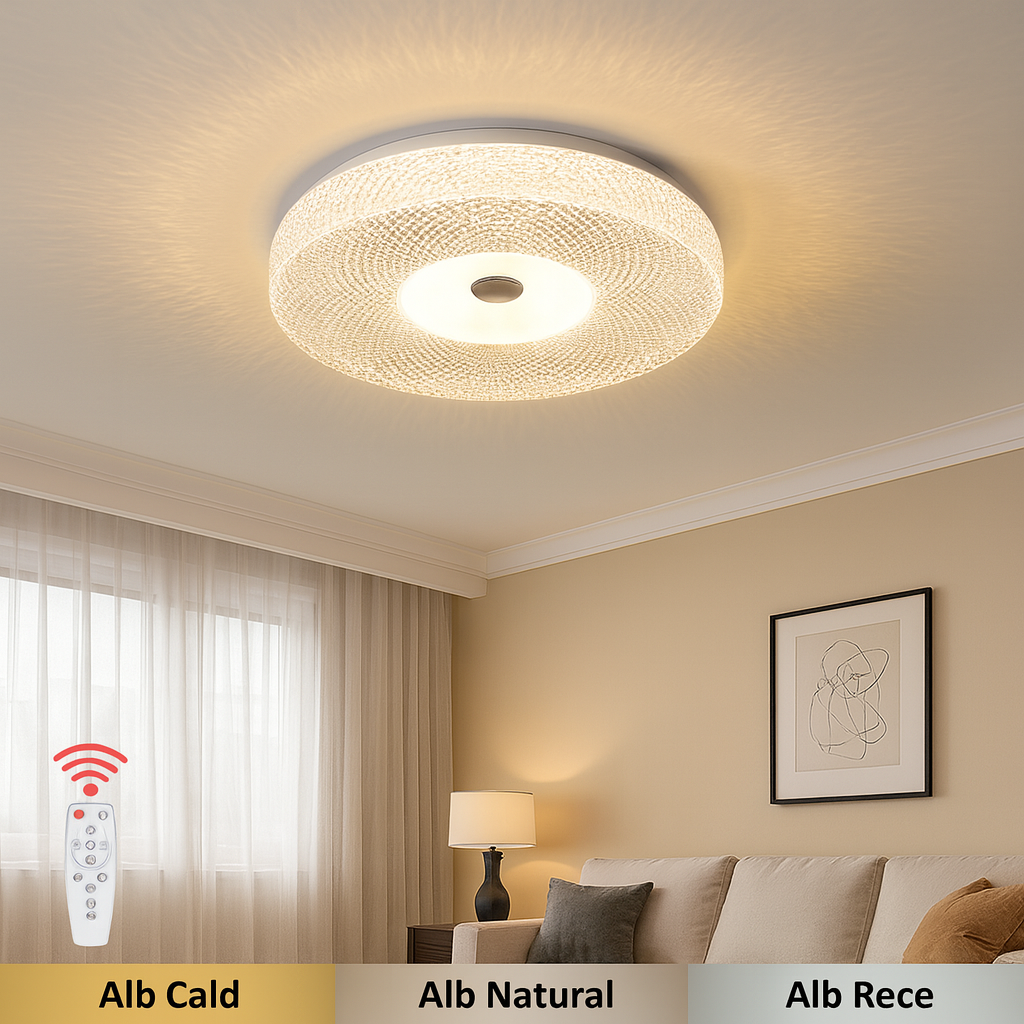 Plafoniera LED 72W Cu Telecomanda Cristal Alb Moderna D40cm Cu 3 Functii