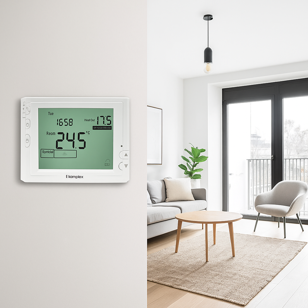 Room thermostat for central heating, wired, Homplex 909, programmable, digital display, IP42, white