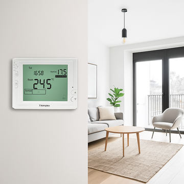 Room thermostat for central heating, wired, Homplex 909, programmable, digital display, IP42, white