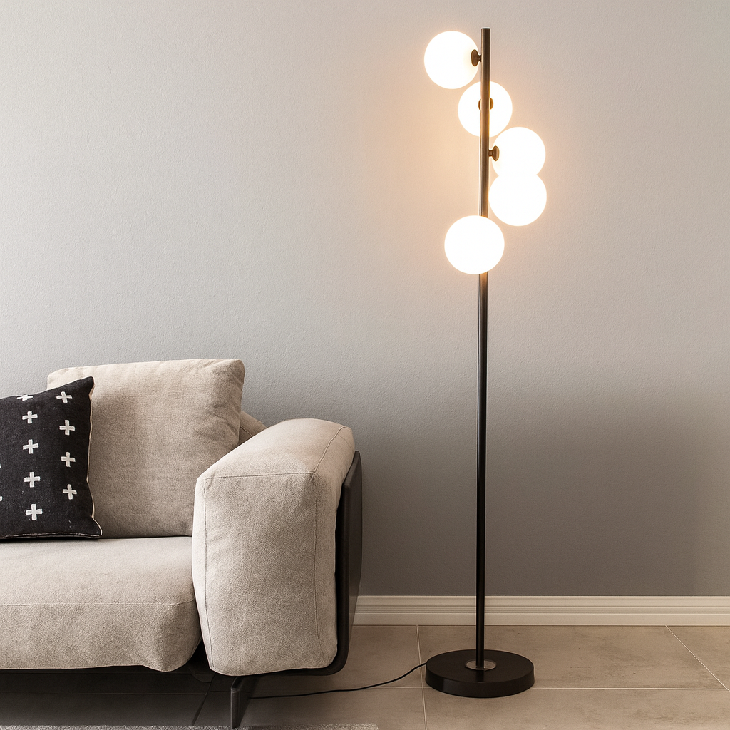 Modern black floor lamp with 5 matte white globes, 177 cm