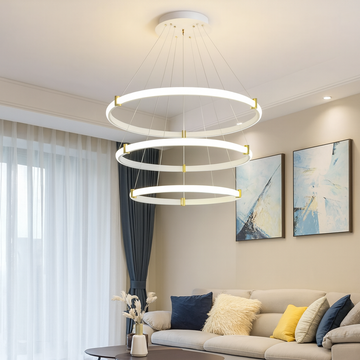 Lustra LED cu finisaj alb 3 cercuri, telecomanda wifi 2.4G