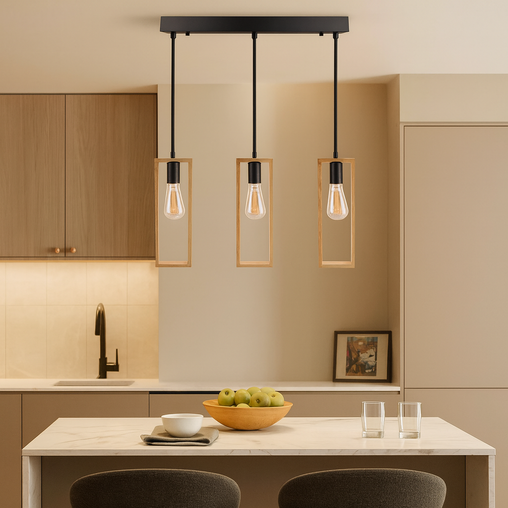 Lustra suspendata moderna din lemn natural, structura metalica, negru mat, 3 x E27