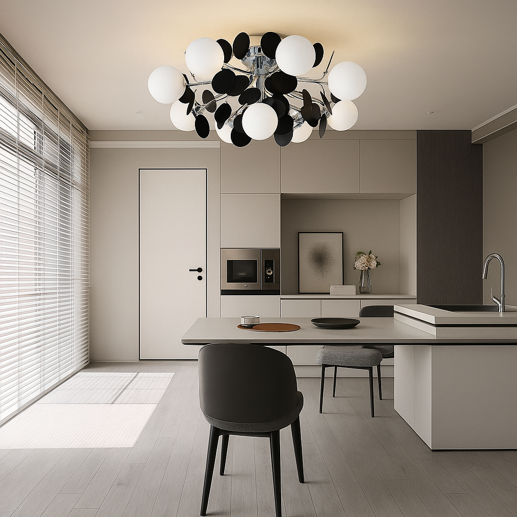 Lustra Suspendata Metal Crom 9xE27 Globuri Acril Alb Mat d860mm