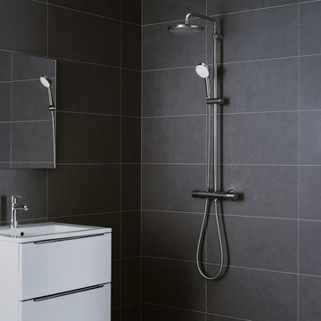 Coloana de dus Grohe Tempesta Cosmopolitan 210, cu baterie termostatata, palarie 20 cm, furtun 1.75m si para dus, crom