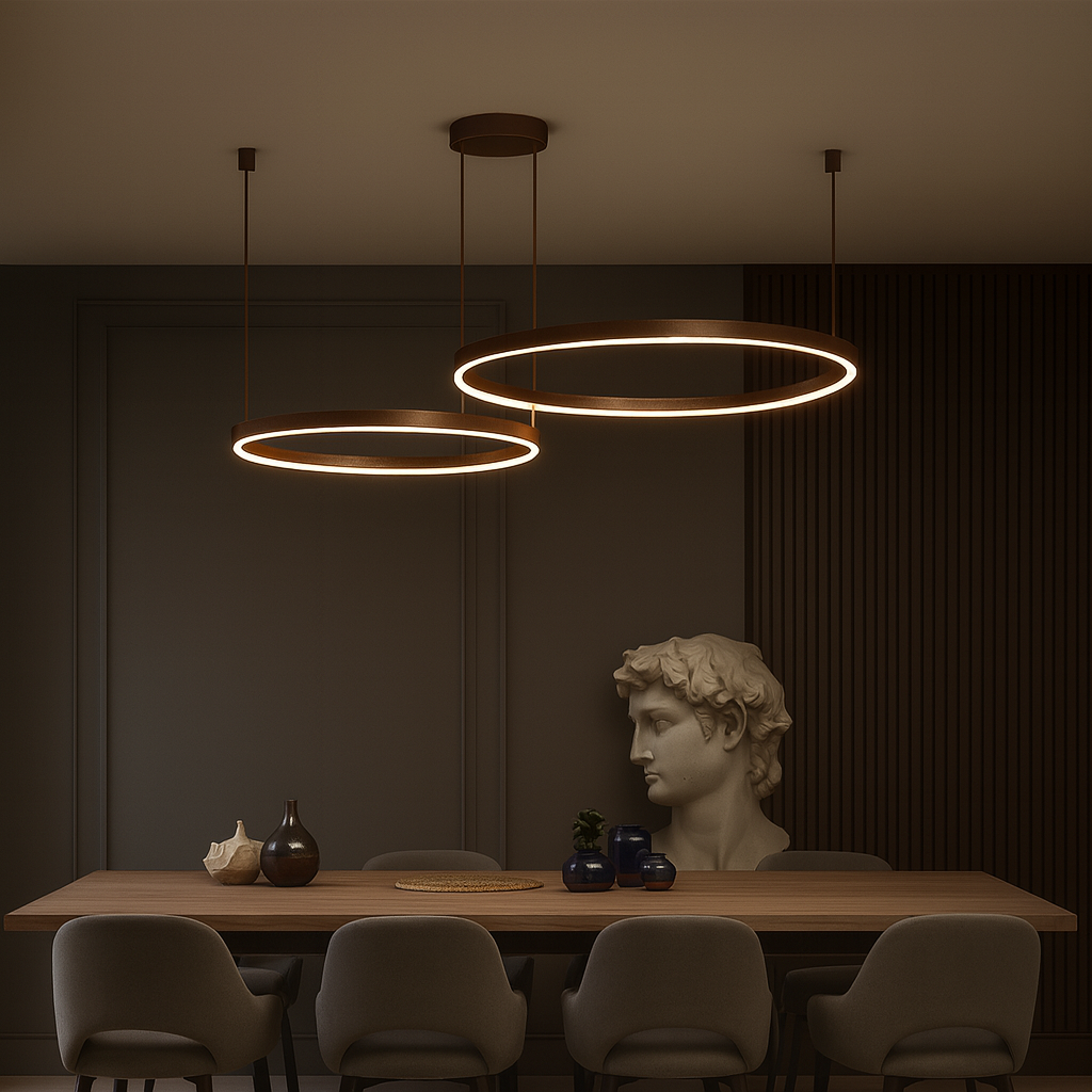 Lustra LED 2 cercuri cu finisaj maro, telecomanda wifi 2.4G