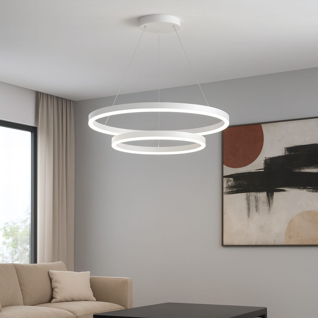 Lustra LED alba 2 cercuri cu telecomanda wifi 2.4G