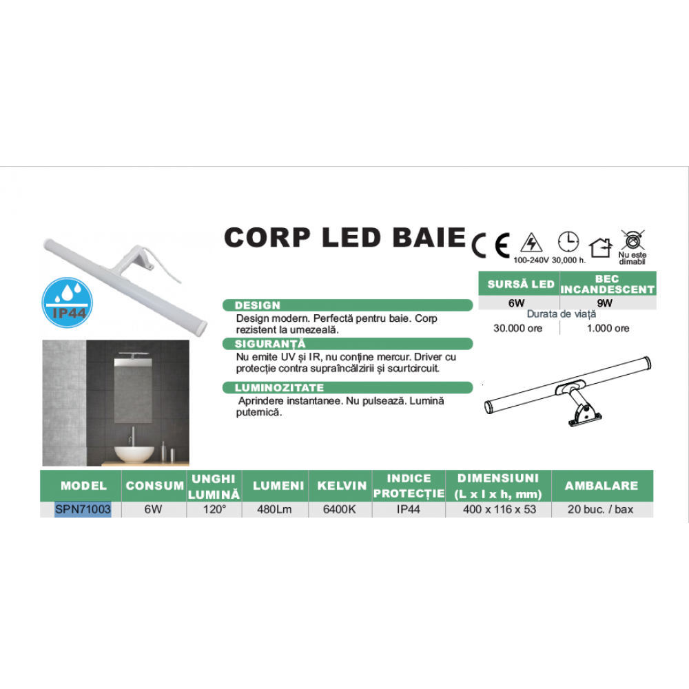 Corp LED baie alb, 6W, 6500K, lumina rece, cu protectie IP44, 400mm